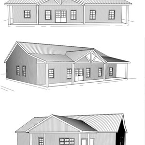 May include: Three black and white line drawings of different house designs. The first house has a large front porch with a gable roof. The second house has a smaller front porch and a gable roof. The third house has a large covered porch and a gable roof.