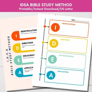 May include: A printable chart with a colorful I.D.E.A. acronym for Bible study method. The acronym stands for Identification, Direction, Encouragement, and Application. Each letter is in a different color and has a box with a description of the step.