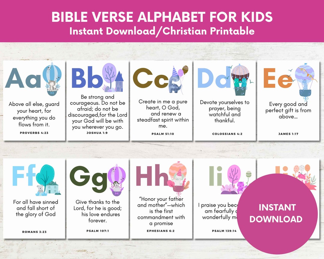Kids Printable Alphabet Bible Verse Cards From A to Z,ABC Scripture