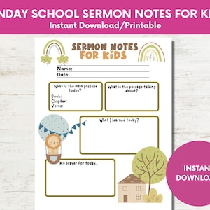 Sonntagsschule Predigtnotizen für Kinder Sofort Download, Gebetstagebuch für Kleinkinder, A4 und US Letter Größe, Tägliches christliches Gebetskinder
