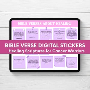 May include: Digital stickers with Bible verses about healing. The stickers are pink and white with purple text. The text includes verses from the Bible about healing and strength. The stickers are designed for cancer warriors.