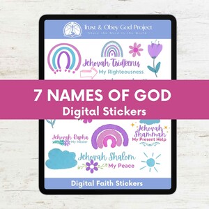 May include: Digital stickers featuring seven names of God with watercolor rainbows, clouds, and flowers. The names include Jehovah Rapha, Jehovah Shammah, Jehovah Shalom, Jehovah Tsidkenu. The text "Trust & Obey God Project" and "Share the Word to the World" is at the top of the image.