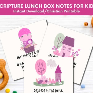 May include: Three illustrated square cards with text. One card features a pink hot air balloon with lion cubs. Another shows a purple house and a tree. The third card has a house and ducks. The text reads "SCRIPTURE LUNCH BOX NOTES FOR KIDS".