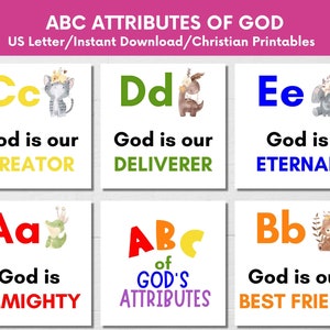 Cartões de escrituras imprimíveis de animais ABC de volta à escola, atributos do alfabeto infantil de Deus, cartões flash cristãos de A a Z para pré-escola