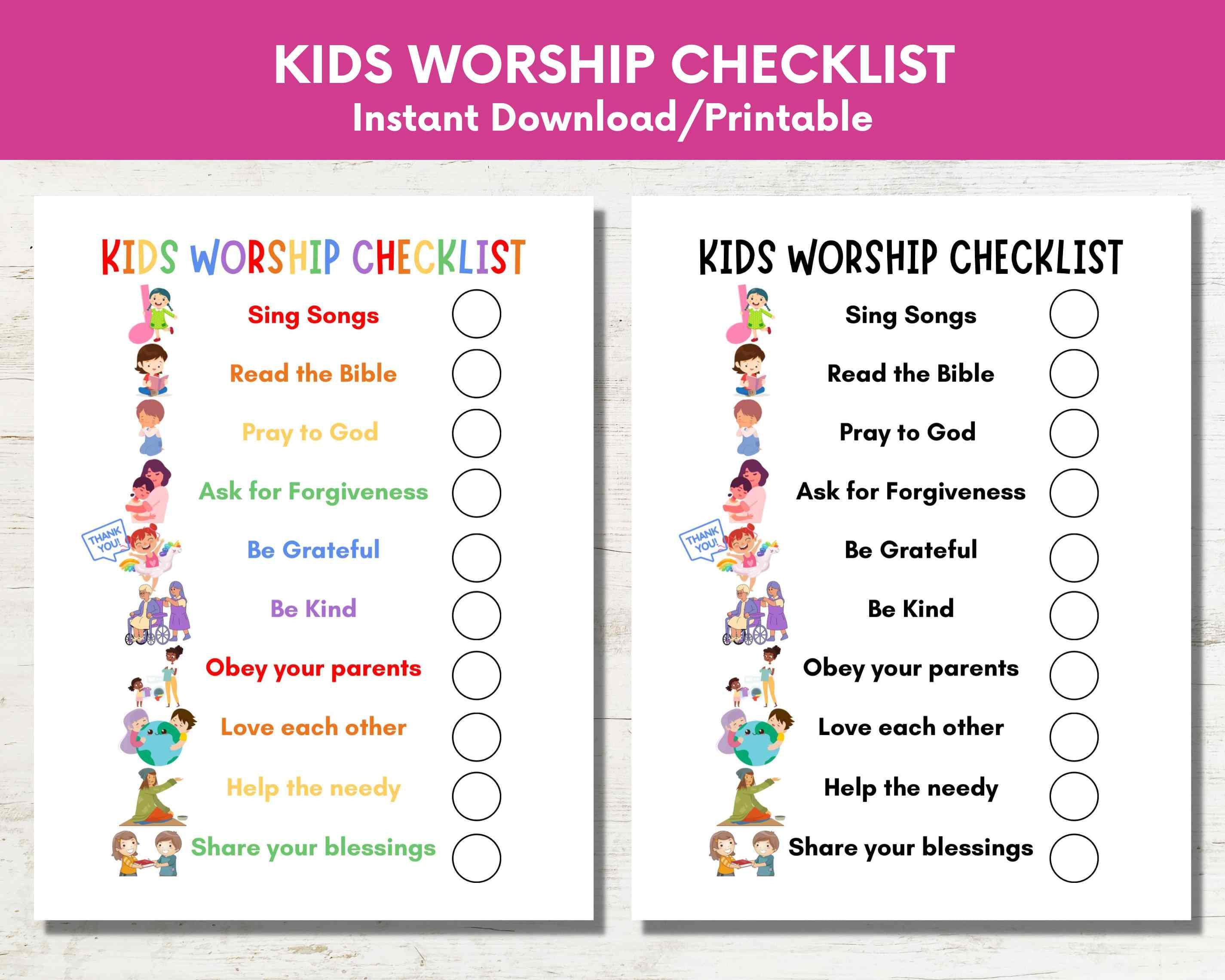 Sunday School Kids Worship Checklist Printable,church Activities for ...