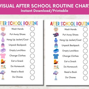May include: Two printable checklists for kids to use after school. Each checklist has a colorful illustration next to each task, such as washing hands, putting away shoes, and doing homework. The checklists are titled "After School Routine" and include the quote "Do all things without complaining and arguing." Philippians 2:14