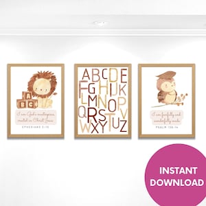 Bible Verse Christian Nursery Wall Art, Children Bible Safari Set of 3 Nursery Decor, Baby Shower Gift, Instant Download, Printable Wall Art