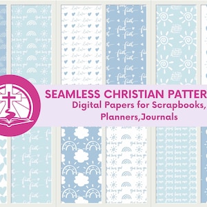 Blue Handdrawn Christian Boho Seamless Pattern Digital Paper for Planner Journal,Digital Paper Pack for Scrapbooking,Christian Designs Gift