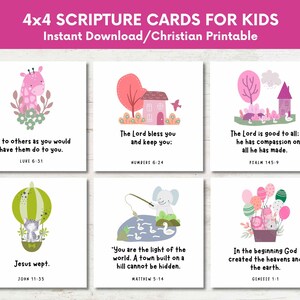 May include: Set of 4x4 printable scripture cards for kids. Each card features a colourful illustration and a bible verse. The verses include: Do to others as you would have them do to you. (Luke 6:31), The Lord bless you and keep you: (Numbers 6:24), The Lord is good to all: he has compassion on all he has made. (Psalm 145:9), Jesus wept. (John 11:35), "You are the light of the world. A town built on a hill cannot be hidden." (Matthew 5:14), In the beginning God created the heavens and the earth. (Genesis 1:1)