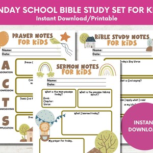 Puede incluir: Conjunto de estudio bíblico de la escuela dominical imprimible para niños con notas para la oración, el sermón y el estudio bíblico. Las notas están organizadas con el acrónimo ACTS, que significa Adoración, Confesión, Acción de Gracias y Suplicación. Las notas están decoradas con ilustraciones coloridas de arcoíris, nubes y un globo aerostático.