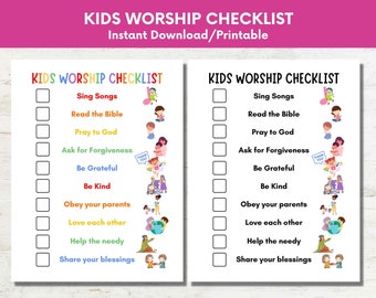 Puede incluir: Una lista de verificación imprimible para las actividades de adoración de los niños. La lista incluye elementos como cantar canciones, leer la Biblia, orar a Dios, pedir perdón, ser agradecido, ser amable, obedecer a los padres, amarse unos a otros, ayudar a los necesitados y compartir las bendiciones. Cada elemento está ilustrado con una imagen de dibujos animados.