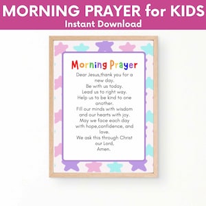 May include: Printable morning prayer for kids with a colourful star background. The prayer reads: "Dear Jesus, thank you for a new day. Be with us today. Lead us to the right way. Help us to be kind to one another. Fill our minds with wisdom and our hearts with joy. May we face each day with hope, confidence, and love. We ask this through Christ our Lord. Amen."