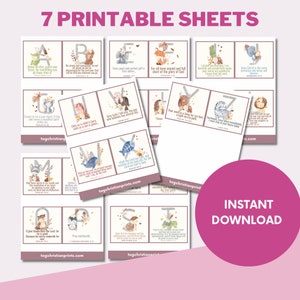 May include: Seven printable alphabet sheets featuring a different animal and bible verse for each letter. The sheets are illustrated with watercolor animals and have a pink and brown color scheme.