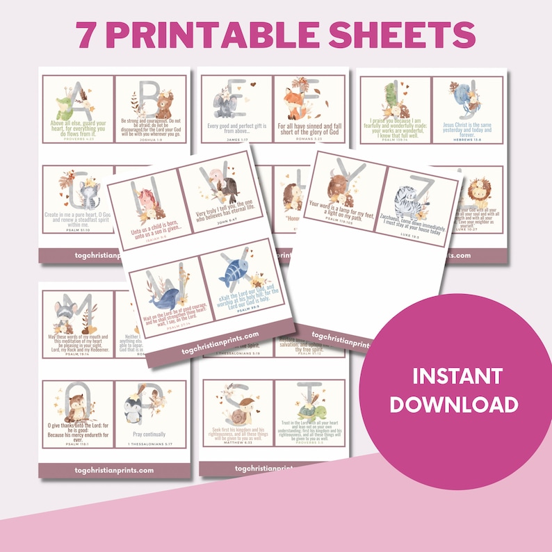May include: Seven printable alphabet sheets featuring a different animal and bible verse for each letter. The sheets are illustrated with watercolor animals and have a pink and brown color scheme.