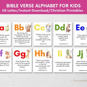 Kinder druckbare Alphabet Bibel-Verskarten von A bis Z, ABC-Schriftkarten für Kleinkind Vorschule, Sonntagsschule Memory Vers Karten, ABC-Drucke