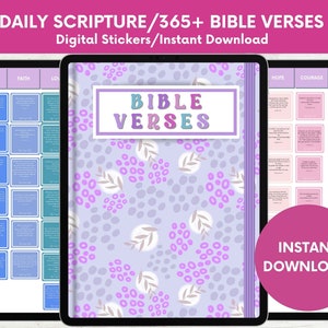 May include: Digital stickers featuring 365+ Bible verses. The stickers are designed with a purple and white floral pattern and the text "BIBLE VERSES" in colorful letters. The stickers are available for instant download.