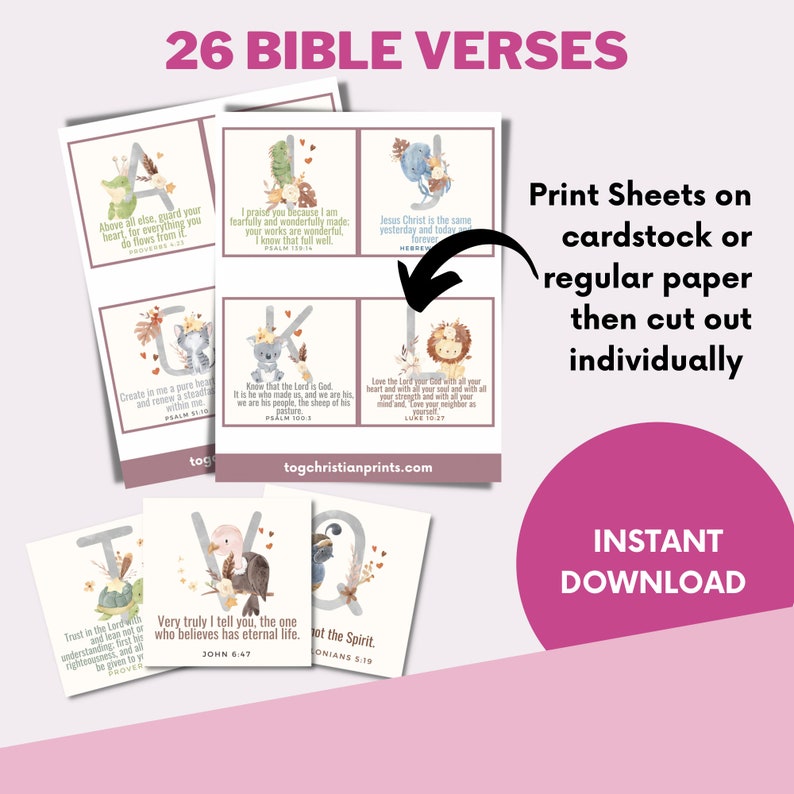 May include: Printable alphabet cards featuring animal illustrations and Bible verses. Each card has a different letter of the alphabet and a corresponding Bible verse. The cards are designed for children and are perfect for learning about the Bible.