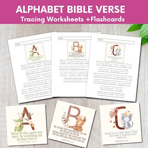 Può includere: Un set di fogli di lavoro di tracciamento dell'alfabeto e flashcard con versetti biblici. Ogni pagina presenta un'illustrazione colorata di un animale e la lettera dell'alfabeto corrispondente. I fogli di lavoro includono linee per tracciare le lettere e i versetti biblici. Le flashcard presentano le stesse illustrazioni e versetti.