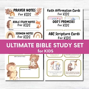 Último conjunto de estudio bíblico de la escuela dominical y tarjetas de Escritura para niños, versículo de memoria ABC, notas de oración del sermón para niños pequeños, carta A4 de descarga instantánea