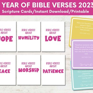 May include: A set of printable Bible verse cards with pink and white backgrounds. The cards feature words like "Hope", "Humility", "Love", "Peace", "Worship", and "Patience".