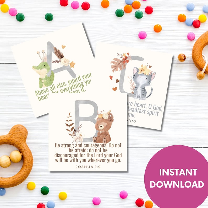May include: Printable alphabet cards featuring a different animal for each letter. Each card includes a bible verse. The letter A features a green alligator and the verse "Above all else, guard your heart, for everything you do comes from it."