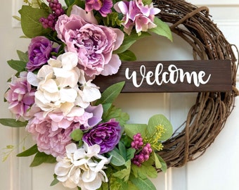 Mixed Purple Flower and White Hydrangeas Spring Wreath, Seasonal Wreath, Front Door Wreath, Front Door Decor, Welcome Sign