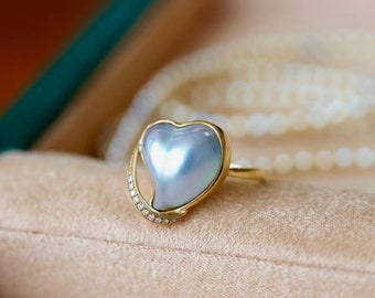 18K Solid Gold/ Heart Cultured Pacific Mabe Pearl Ring/ Japanese Mabe Pearl/Gift for her/ Fine jewelry/Charm Diamond Gold Ring