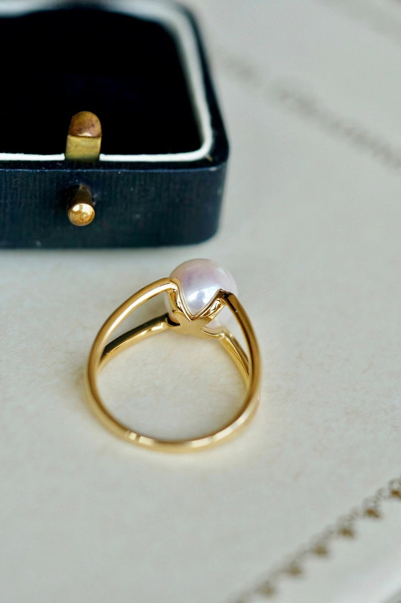 18K Solid Gold Ring/ Pearl Engagement Ring/ Diamond Engagement Ring/ Dainty Ring/Pearl Jewelry/Gift for her/ Fine jewelry image 3