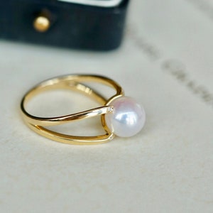 18K Solid Gold Ring/ Pearl Engagement Ring/ Diamond Engagement Ring/ Dainty Ring/Pearl Jewelry/Gift for her/ Fine jewelry image 1