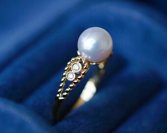 18K Solid Gold Pear Ring/ Daily Diamond Ring/ Dainty Ring/Pearl Jewelry/Gift for her/ Fine jewelry