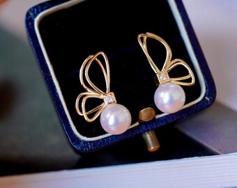 Akoya Pearl Earrings White Pearl Earrings 18K Solid Gold Jewelry/Charm Diamond Gold Earrings/ Vintage Earrings/ Gift for her/ Fine jewelry