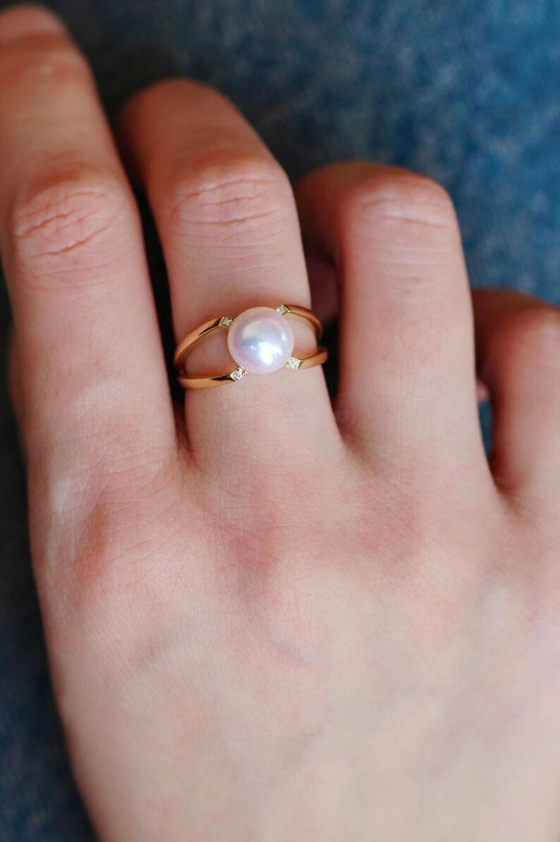 18K Solid Gold Ring/ Pearl Engagement Ring/ Diamond Engagement Ring/ Dainty Ring/Pearl Jewelry/Gift for her/ Fine jewelry image 9