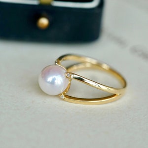 18K Solid Gold Ring/ Pearl Engagement Ring/ Diamond Engagement Ring/ Dainty Ring/Pearl Jewelry/Gift for her/ Fine jewelry image 2