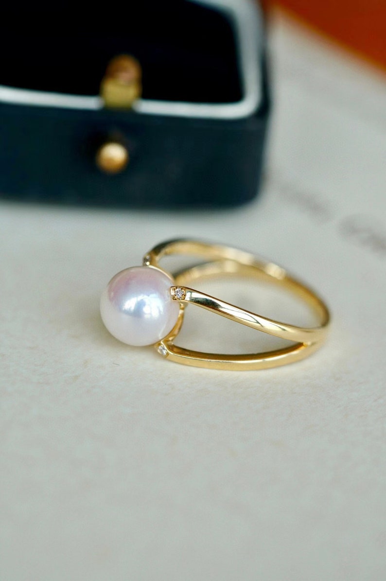 18K Solid Gold Ring/ Pearl Engagement Ring/ Diamond Engagement Ring/ Dainty Ring/Pearl Jewelry/Gift for her/ Fine jewelry image 2