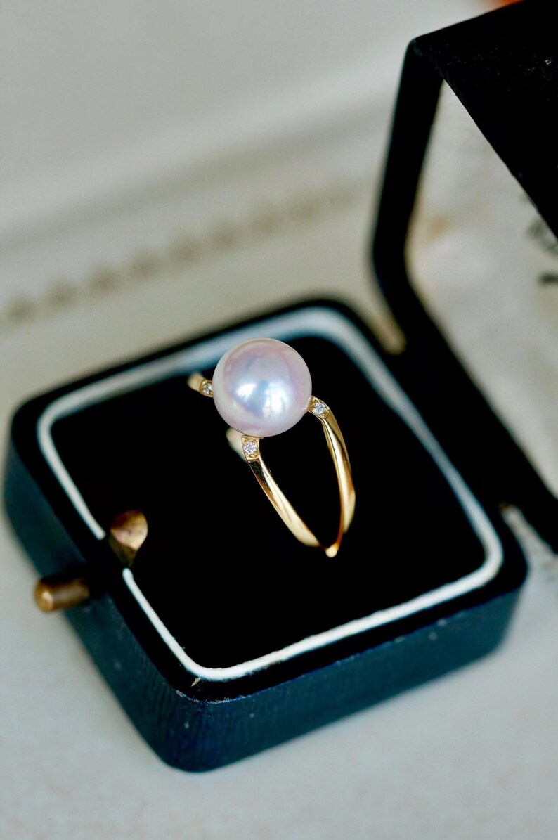 18K Solid Gold Ring/ Pearl Engagement Ring/ Diamond Engagement Ring/ Dainty Ring/Pearl Jewelry/Gift for her/ Fine jewelry image 8