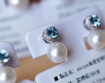 18K Solid gold Akoya earrings/Aquamarine Pearl Earrings Stud/ Gift for her/ Daily jewelry/ Elegant earrings/ Bridal Set/Wedding set