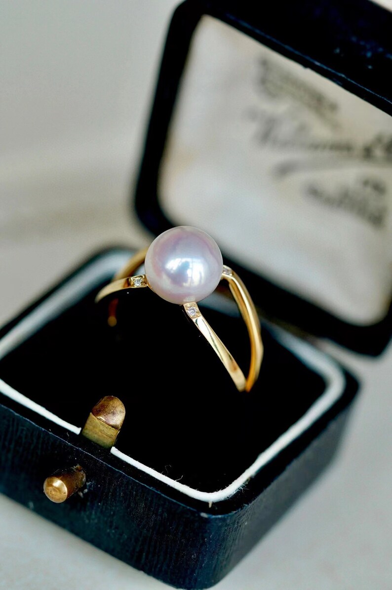 18K Solid Gold Ring/ Pearl Engagement Ring/ Diamond Engagement Ring/ Dainty Ring/Pearl Jewelry/Gift for her/ Fine jewelry image 5