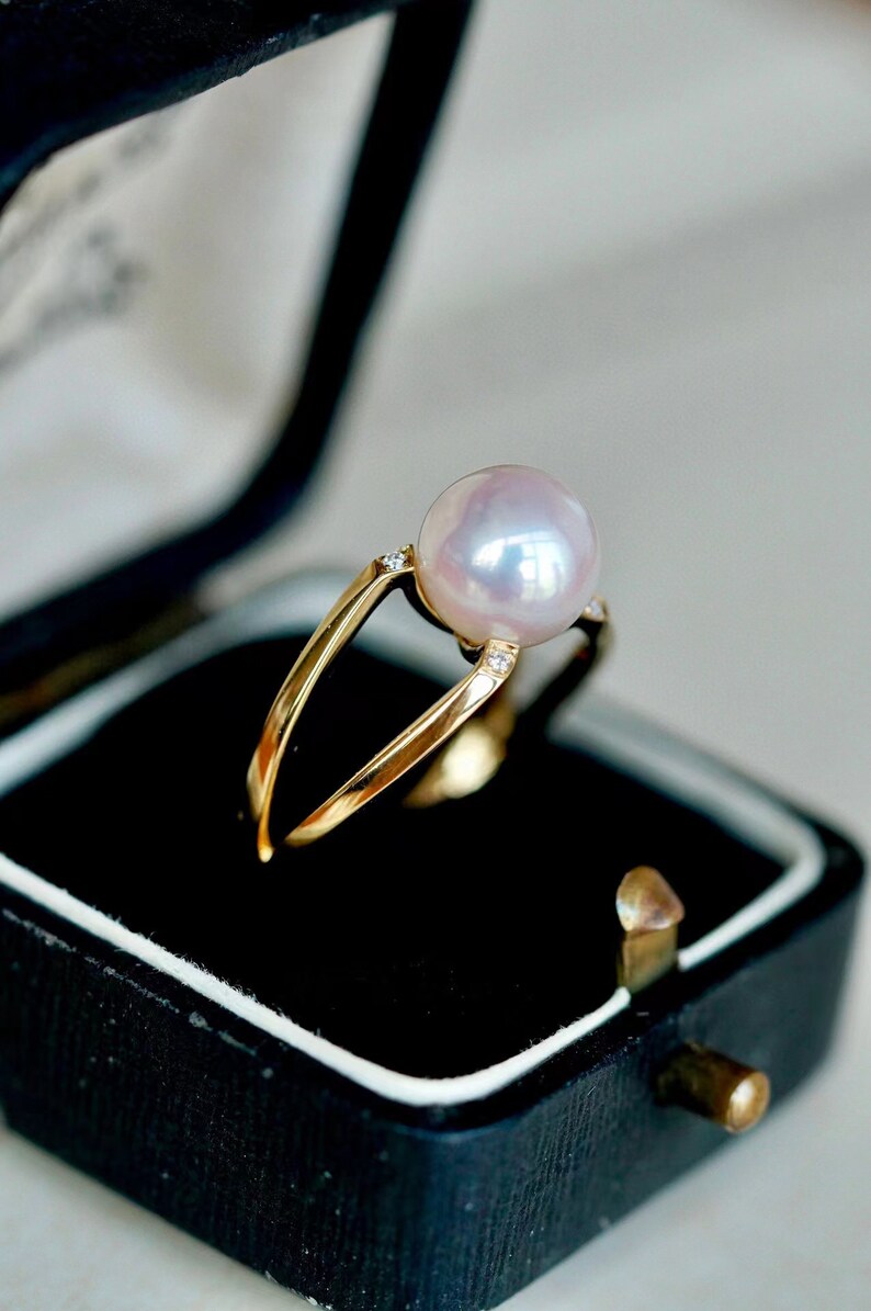 18K Solid Gold Ring/ Pearl Engagement Ring/ Diamond Engagement Ring/ Dainty Ring/Pearl Jewelry/Gift for her/ Fine jewelry image 6