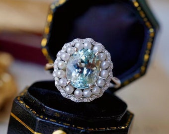 18K Solid gold Akoya Ring/Aquamarine Pearl Ring/ Gift for her/ Daily jewelry/ Elegant Ring/ Proposal Ring/Bridal Set/Wedding set