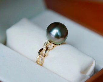 Tahitian Pearl/Black pearl/18K Solid Gold Jewelry/Charm Diamond Gold Ring/ Gift for her/ Fine jewelry/Mother's day/Anniversary gift