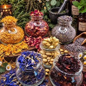 Op de afbeelding: Verschillende glazen potten gevuld met gedroogde botanische producten, waaronder gele goudsbloem, rode rozenblaadjes, paarse lavendel, witte jasmijnbloemknoppen, blauwe korenbloemblaadjes en donkerrode hibiscus, op een houten ondergrond.