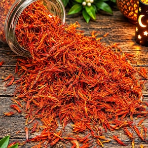 May include: A clear glass jar tipped on its side, spilling a large pile of vibrant, deep red and orange saffron threads. The dried spice strands are thin and elongated, scattered across a dark, weathered wooden surface with visible grain texture.