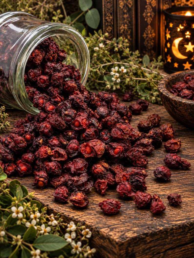 May include: A clear glass jar tipped on its side, spilling a large pile of dried, dark red rose hips onto a dark wooden surface. The wrinkled, spherical fruits are scattered across the wood, with a small wooden bowl and greenery nearby.