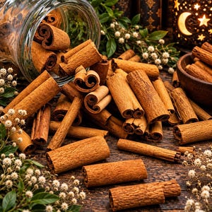 May include: A collection of brown, tubular cinnamon sticks scattered from a clear glass jar. The bark pieces feature a rough, textured surface with visible curled layers at the ends. The sticks are arranged in a pile alongside small white flowers.
