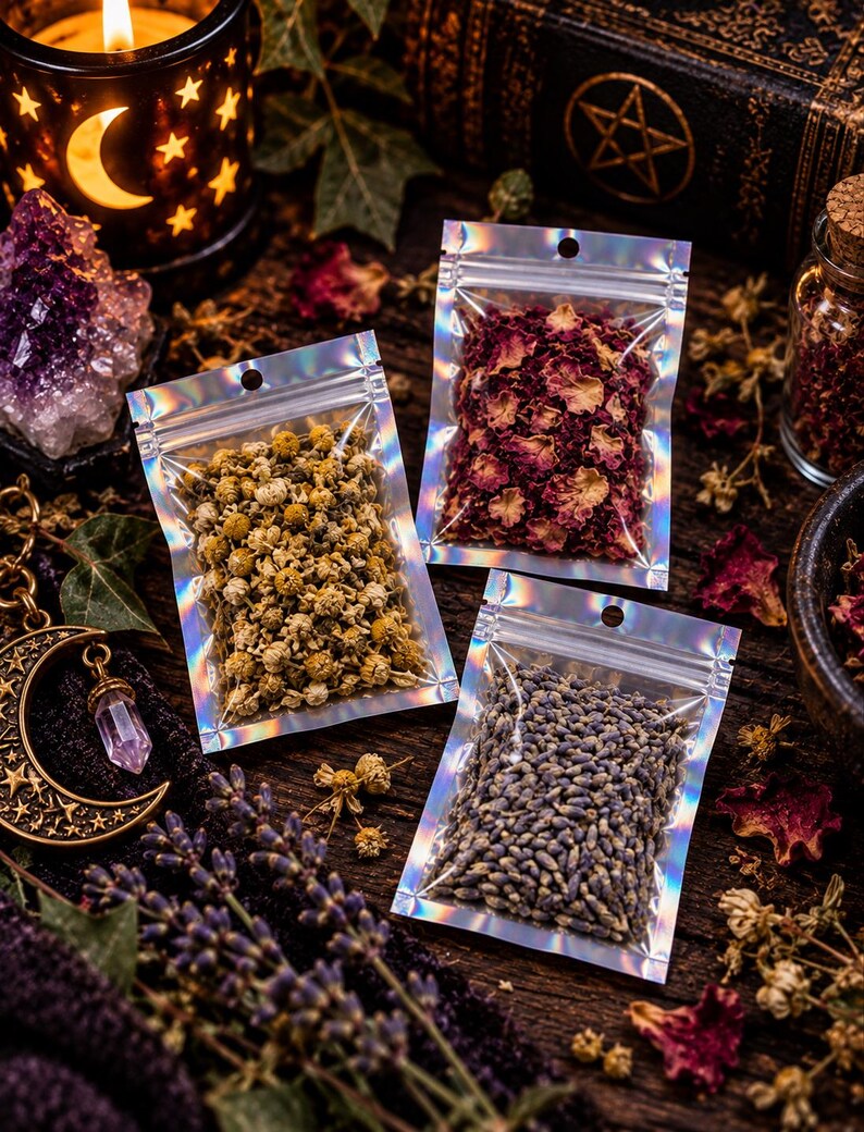 May include: Three small, rectangular, holographic plastic pouches filled with dried botanicals. One pouch contains yellow chamomile flowers, one contains deep red rose petals, and one contains small, dried purple lavender buds.