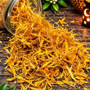May include: A clear glass jar tipped on its side, spilling a large pile of dried, vibrant yellow marigold petals onto a dark wooden surface. The thin, elongated petals are scattered in a dense, textured heap, showcasing their bright golden hue.