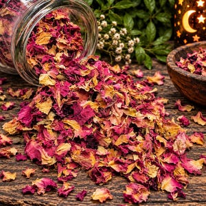 May include: A clear glass jar tipped on its side, spilling a mixture of dried rose petals in shades of deep magenta, vibrant pink, and muted yellow. The scattered petals form a pile on a dark, textured wooden surface, with a small wooden bowl nearby.
