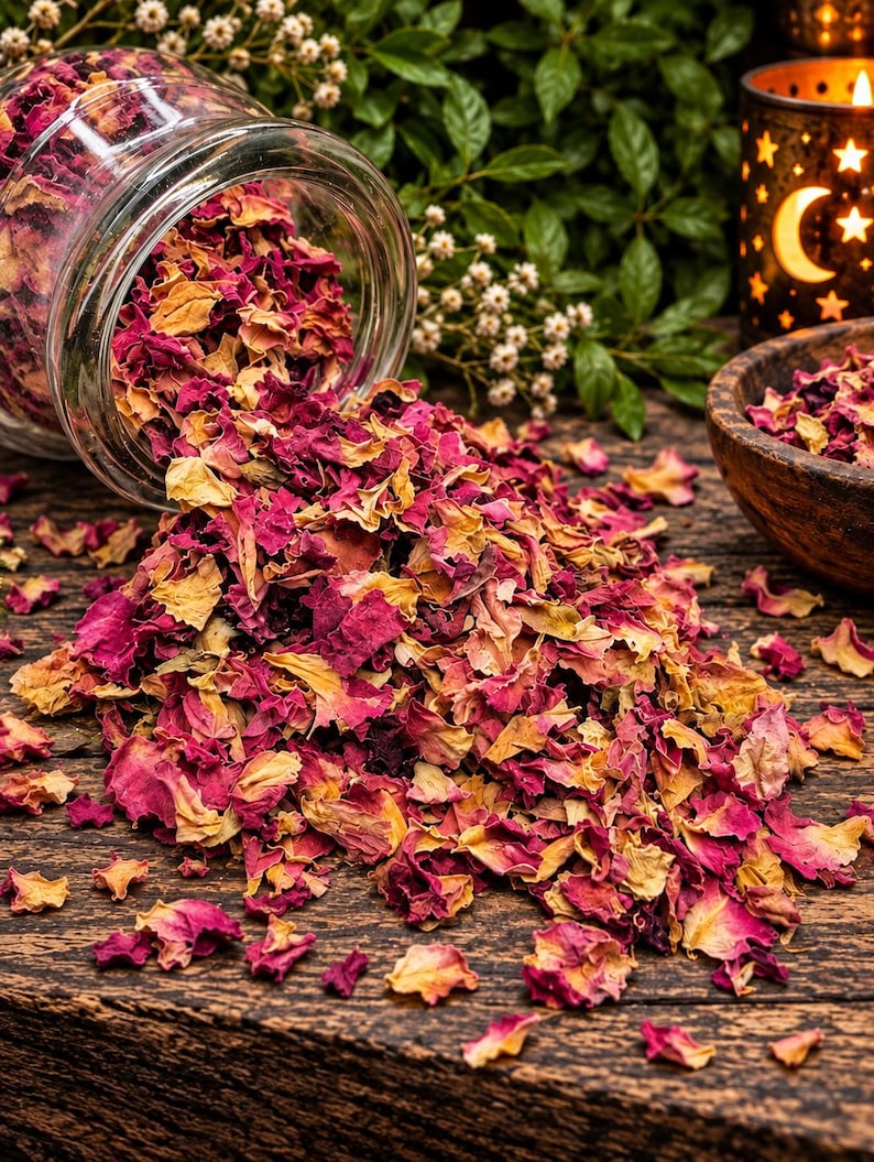 May include: A clear glass jar tipped on its side, spilling a mixture of dried rose petals in shades of deep magenta, vibrant pink, and muted yellow. The scattered petals form a pile on a dark, textured wooden surface, with a small wooden bowl nearby.