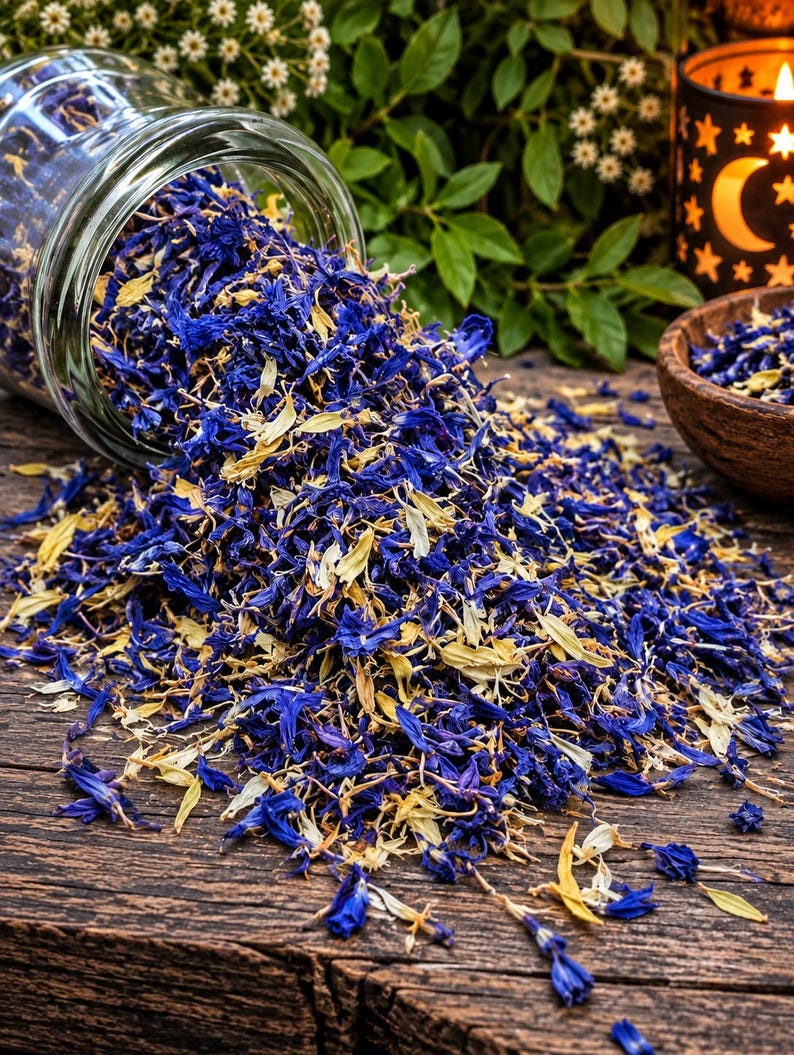 May include: A clear glass jar tipped on its side, spilling a mixture of dried blue cornflower petals and pale yellow botanical pieces onto a dark wooden surface. The dried floral blend is scattered across the wood, with a small wooden bowl nearby.