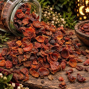 May include: A clear glass jar tipped over, spilling dried, deep red and orange rose hip pieces onto a dark wooden surface. The rose hips are textured, irregular, and fragmented, showing a mix of dark crimson and lighter burnt orange tones.
